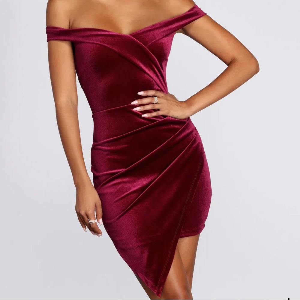 Windsor Off-Shoulder Asymmetrical Burgundy Dress